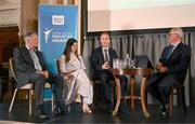 20 May 2025; Speakers, from left, Croke Park Stadium & Commercial Director Peter McKenna, Core managing director Jill Downey, Minister of State at the Department of Enterprise, Trade and Employment Alan Dillon and MC Sean O'Rourke during the Irish Sport Industry Awards 2025 at College Green Hotel in Dublin. Photo by David Fitzgerald/Sportsfile