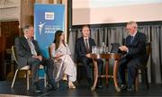 20 May 2025; Speakers, from left, Croke Park Stadium & Commercial Director Peter McKenna, Core managing director Jill Downey, Minister of State at the Department of Enterprise, Trade and Employment Alan Dillon and MC Sean O'Rourke during the Irish Sport Industry Awards 2025 at College Green Hotel in Dublin. Photo by David Fitzgerald/Sportsfile