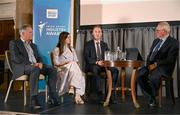 20 May 2025; Speakers, from left, Croke Park Stadium & Commercial Director Peter McKenna, Core managing director Jill Downey, Minister of State at the Department of Enterprise, Trade and Employment Alan Dillon and MC Sean O'Rourke during the Irish Sport Industry Awards 2025 at College Green Hotel in Dublin. Photo by David Fitzgerald/Sportsfile