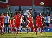 19 May 2025; Ryan Brennan of Drogheda United in action against Tyreke Wilson of Shelbourne during the SSE Airtricity Men's Premier Division match between Shelbourne and Drogheda United at Tolka Park in Dublin. Photo by Sam Barnes/Sportsfile