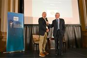 20 May 2025; Mayo Sports Partnerships Head Charlie Lambert in conversation with MC Sean O'Rourke after being presented with the Local Sports Partnership of the Year award during the Irish Sport Industry Awards 2025 at College Green Hotel in Dublin. Photo by David Fitzgerald/Sportsfile