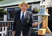 21 May 2025; Evans Dexter rings the Roy Torrens Bell before the first match of the One Day International Series between Ireland and the West Indies at Clontarf Cricket Club in Dublin. Photo by Sam Barnes/Sportsfile