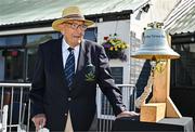 21 May 2025; Evans Dexter rings the Roy Torrens Bell before the first match of the One Day International Series between Ireland and the West Indies at Clontarf Cricket Club in Dublin. Photo by Sam Barnes/Sportsfile