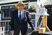 21 May 2025; Evans Dexter rings the Roy Torrens Bell before the first match of the One Day International Series between Ireland and the West Indies at Clontarf Cricket Club in Dublin. Photo by Sam Barnes/Sportsfile