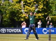 21 May 2025; Ireland batter Andrew Balbirnie, right, celebrates after bringing up his century during the first match of the One Day International Series between Ireland and the West Indies at Clontarf Cricket Club in Dublin. Photo by Sam Barnes/Sportsfile