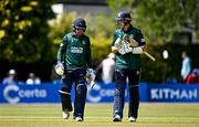 21 May 2025; Ireland batters Andrew McBrine, left, and Tom Mayes leave the field at the end of the first innings during the first match of the One Day International Series between Ireland and the West Indies at Clontarf Cricket Club in Dublin. Photo by Sam Barnes/Sportsfile