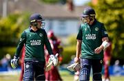 21 May 2025; Ireland batters Andrew McBrine, left, and Tom Mayes leave the field at the end of the first innings during the first match of the One Day International Series between Ireland and the West Indies at Clontarf Cricket Club in Dublin. Photo by Sam Barnes/Sportsfile