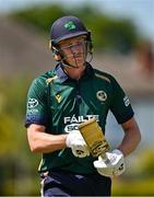 21 May 2025; Ireland batter Harry Tector leaves the field after being caught out by Brandon King of West Indies during the first match of the One Day International Series between Ireland and the West Indies at Clontarf Cricket Club in Dublin. Photo by Sam Barnes/Sportsfile