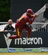 21 May 2025; Brandon King of West Indies catches out Harry Tector of Ireland on the boundary during the first match of the One Day International Series between Ireland and the West Indies at Clontarf Cricket Club in Dublin. Photo by Sam Barnes/Sportsfile