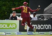 21 May 2025; Brandon King of West Indies fields the ball on the boundary during the first match of the One Day International Series between Ireland and the West Indies at Clontarf Cricket Club in Dublin. Photo by Sam Barnes/Sportsfile