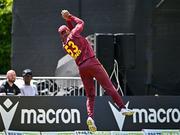21 May 2025; Brandon King of West Indies fields the ball on the boundary during the first match of the One Day International Series between Ireland and the West Indies at Clontarf Cricket Club in Dublin. Photo by Sam Barnes/Sportsfile