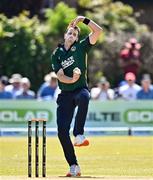 21 May 2025; Ireland bowler Tom Mayes in action during the first match of the One Day International Series between Ireland and the West Indies at Clontarf Cricket Club in Dublin. Photo by Sam Barnes/Sportsfile
