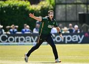 21 May 2025; Ireland bowler Tom Mayes appeals during the first match of the One Day International Series between Ireland and the West Indies at Clontarf Cricket Club in Dublin. Photo by Sam Barnes/Sportsfile