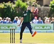 21 May 2025; Ireland bowler Tom Mayes in action during the first match of the One Day International Series between Ireland and the West Indies at Clontarf Cricket Club in Dublin. Photo by Sam Barnes/Sportsfile