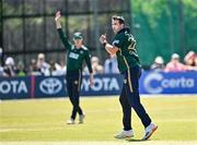 21 May 2025; Ireland bowler Tom Mayes reacts during the first match of the One Day International Series between Ireland and the West Indies at Clontarf Cricket Club in Dublin. Photo by Sam Barnes/Sportsfile