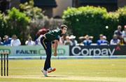 21 May 2025; Ireland bowler Tom Mayes in action during the first match of the One Day International Series between Ireland and the West Indies at Clontarf Cricket Club in Dublin. Photo by Sam Barnes/Sportsfile