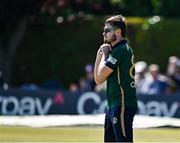21 May 2025; Josh Little of Ireland catches out Keacy Carty of West Indies during the first match of the One Day International Series between Ireland and the West Indies at Clontarf Cricket Club in Dublin. Photo by Sam Barnes/Sportsfile
