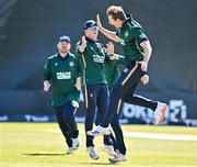 21 May 2025; Barry McCarthy of Ireland, right, celebrates with teamate Cade Carmichael, after taking the wicket of Brandon King of West Indies  in action during the first match of the One Day International Series between Ireland and the West Indies at Clontarf Cricket Club in Dublin. Photo by Sam Barnes/Sportsfile