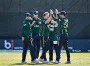 21 May 2025; Barry McCarthy of Ireland, centre, celebrates with teamates after taking the wicket of Amir Jangoo of West Indies in action during the first match of the One Day International Series between Ireland and the West Indies at Clontarf Cricket Club in Dublin. Photo by Sam Barnes/Sportsfile