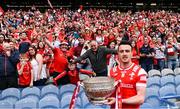 11 May 2025; Louth supporters look on from the Hogan Stand as Tommy Durnin of Louth holds the Delaney Cup after their side's victory in the Leinster GAA Football Senior Championship final match between Louth and Meath at Croke Park in Dublin. Photo by Piaras Ó Mídheach/Sportsfile