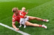 11 May 2025; Izzy Grimes, aged one, with her father Louth footballer Conor Grimes after the Leinster GAA Football Senior Championship final match between Louth and Meath at Croke Park in Dublin. Photo by Piaras Ó Mídheach/Sportsfile