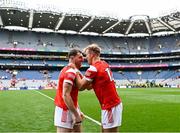 11 May 2025; Louth players Sam Mulroy, left, and Conor Grimes celebrate after their side's victory in the Leinster GAA Football Senior Championship final match between Louth and Meath at Croke Park in Dublin. Photo by Piaras Ó Mídheach/Sportsfile