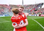 11 May 2025; Louth players Peter Lynch, behind, and Ciarán Keenan celebrate after their side's victory the Leinster GAA Football Senior Championship final match between Louth and Meath at Croke Park in Dublin. Photo by Piaras Ó Mídheach/Sportsfile