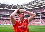 11 May 2025; Paul Matthews of Louth celebrates after his side's victory in the Leinster GAA Football Senior Championship final match between Louth and Meath at Croke Park in Dublin. Photo by Piaras Ó Mídheach/Sportsfile
