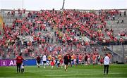 11 May 2025; Louth players celebrate in front of supporters on Hill 16 after their side's victory in the Leinster GAA Football Senior Championship final match between Louth and Meath at Croke Park in Dublin. Photo by Piaras Ó Mídheach/Sportsfile