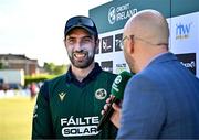 21 May 2025; Player of the match Andrew Balbirnie of Ireland is interviewed after the first match of the One Day International Series between Ireland and the West Indies at Clontarf Cricket Club in Dublin. Photo by Sam Barnes/Sportsfile