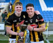 21 May 2025; Kilkenny players Ivan Bolger, left, and Seán Bergin celebrate with the cup after their side's victory in the oneills.com Leinster GAA Hurling U20 Championship final match between Dublin and Kilkenny at Laois Hire O'Moore Park in Portlaoise, Laois. Photo by Piaras Ó Mídheach/Sportsfile