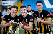 21 May 2025; Kilkenny players, from left, Seán Bergin, Aaron McEvoy and Tom McPhillips with the cup after their side's victory in the oneills.com Leinster GAA Hurling U20 Championship final match between Dublin and Kilkenny at Laois Hire O'Moore Park in Portlaoise, Laois. Photo by Piaras Ó Mídheach/Sportsfile