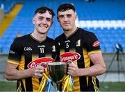 21 May 2025; Kilkenny players Aaron McEvoy, left, and Eoghan Lyng celebrate with the cup after their side's victory in the oneills.com Leinster GAA Hurling U20 Championship final match between Dublin and Kilkenny at Laois Hire O'Moore Park in Portlaoise, Laois. Photo by Piaras Ó Mídheach/Sportsfile