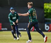 23 May 2025; Ireland bowler Barry McCarthy celebrates after taking the wicket of Brandon King of West Indies during the second match of the One Day International Series between Ireland and the West Indies at Clontarf Cricket Club in Dublin. Photo by Sam Barnes/Sportsfile