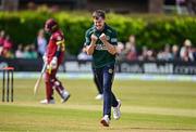 23 May 2025; Ireland bowler Josh Little celebrates taking the wicket of Evin Lewis of West Indies during the second match of the One Day International Series between Ireland and the West Indies at Clontarf Cricket Club in Dublin. Photo by Sam Barnes/Sportsfile