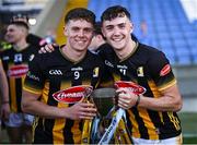 21 May 2025; Kilkenny players Seán Bergin, left, and Aaron McEvoy with the cup after their side's victory in the oneills.com Leinster GAA Hurling U20 Championship final match between Dublin and Kilkenny at Laois Hire O'Moore Park in Portlaoise, Laois. Photo by Piaras Ó Mídheach/Sportsfile