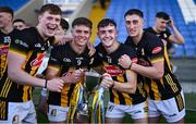 21 May 2025; Kilkenny players, from left, Michael Brennan, Seán Bergin, Aaron McEvoy and Tom McPhillips with the cup after their side's victory in the oneills.com Leinster GAA Hurling U20 Championship final match between Dublin and Kilkenny at Laois Hire O'Moore Park in Portlaoise, Laois. Photo by Piaras Ó Mídheach/Sportsfile