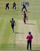 23 May 2025; Ireland bowler Barry McCarthy, 60, celebrates as Andrew Balbirnie, left, catches out Brandon King of West Indies during the second match of the One Day International Series between Ireland and the West Indies at Clontarf Cricket Club in Dublin. Photo by Sam Barnes/Sportsfile