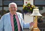 23 May 2025; Enda McDermott with the Roy Torrens Bell before the second match of the One Day International Series between Ireland and the West Indies at Clontarf Cricket Club in Dublin. Photo by Sam Barnes/Sportsfile