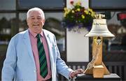 23 May 2025; Enda McDermott with the Roy Torrens Bell before the second match of the One Day International Series between Ireland and the West Indies at Clontarf Cricket Club in Dublin. Photo by Sam Barnes/Sportsfile