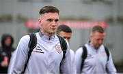 23 May 2025; Hayden Cann of Derry City arrives for the SSE Airtricity Men's Premier Division match between Derry City and Shamrock Rovers at The Ryan McBride Brandywell Stadium in Derry. Photo by Stephen McCarthy/Sportsfile