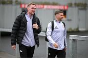 23 May 2025; Kevin Holt, left, and Dom Thomas of Derry City arrive for the SSE Airtricity Men's Premier Division match between Derry City and Shamrock Rovers at The Ryan McBride Brandywell Stadium in Derry. Photo by Stephen McCarthy/Sportsfile