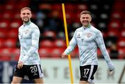 23 May 2025; Carl Winchester, left, and Dom Thomas of Derry City before the SSE Airtricity Men's Premier Division match between Derry City and Shamrock Rovers at The Ryan McBride Brandywell Stadium in Derry. Photo by Stephen McCarthy/Sportsfile