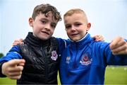 23 May 2025; Drogheda United supporters Corey Callan, left, and Louis McEvoy before the SSE Airtricity Men's Premier Division match between Drogheda United and Bohemians at Sullivan & Lambe Park in Drogheda, Louth. Photo by Shauna Clinton/Sportsfile
