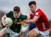 23 May 2025; Nick Lacey of Kerry in action against Ben Coffey of Cork during the Electric Ireland Munster GAA Football Minor Championship final match between Kerry and Cork at Austin Stack Park in Tralee, Kerry. Photo by Brendan Moran/Sportsfile