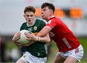23 May 2025; Nick Lacey of Kerry in action against Ben Coffey of Cork during the Electric Ireland Munster GAA Football Minor Championship final match between Kerry and Cork at Austin Stack Park in Tralee, Kerry. Photo by Brendan Moran/Sportsfile