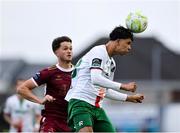 23 May 2025; Freddie Anderson of Cork City in action against Patrick Hickey of Galway United during the SSE Airtricity Men's Premier Division match between Galway United and Cork City at Eamonn Deacy Park in Galway. Photo by Thomas Flinkow/Sportsfile