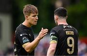 23 May 2025; Tommy Lonergan of Waterford, left, celebrates with teammate Padraig Amond after scoring his side's first goal during the SSE Airtricity Men's Premier Division match between St Patrick's Athletic and Waterford at Richmond Park in Dublin. Photo by Seb Daly/Sportsfile