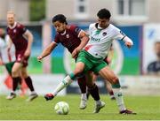 23 May 2025; Freddie Anderson of Cork City in action against Moses Dyer of Galway United during the SSE Airtricity Men's Premier Division match between Galway United and Cork City at Eamonn Deacy Park in Galway. Photo by Thomas Flinkow/Sportsfile