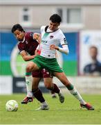 23 May 2025; Freddie Anderson of Cork City in action against Moses Dyer of Galway United during the SSE Airtricity Men's Premier Division match between Galway United and Cork City at Eamonn Deacy Park in Galway. Photo by Thomas Flinkow/Sportsfile